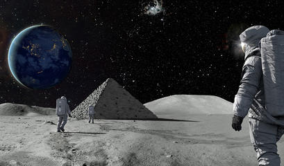 Three astronauts walking towards a pyramid on the moon