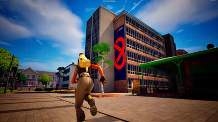 A Fornite character running through a virtual University of Staffordshire campus