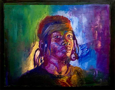 Jeffrey Barnard's self portrait using a mix of green, purple, blue and yellow