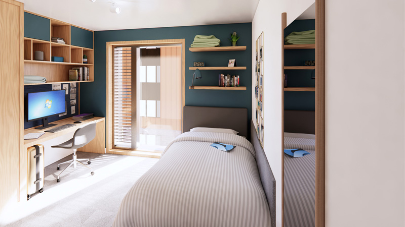 Artist's impression of a modern townhouse bedroom in the Student Village