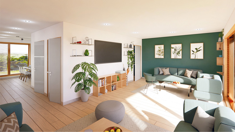 Artist's impression of a modern townhouse living space in the Student Village