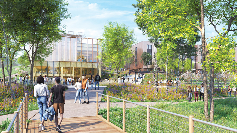 An artist's impression of the Student Village boardwalk showing students crossing a modern bridge surrounded by green space