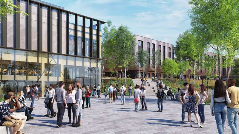 An artist's impression of the new Village Square showing modern buildings, trees and students gathered in groups