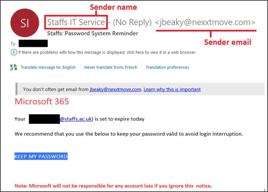 A phishing email pretending to be from the university’s IT team, displaying a misleading sender name, an incorrect email address, and urgent language stating the account is set to expire today.